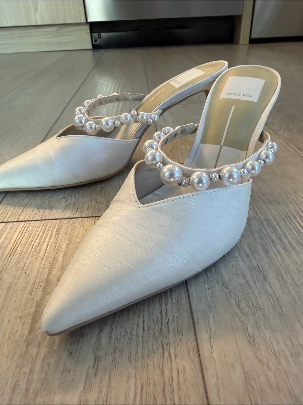 Dolce Vita Ivory Pearl-Embellished Pointed Mule Heels - Picture 5 of 13